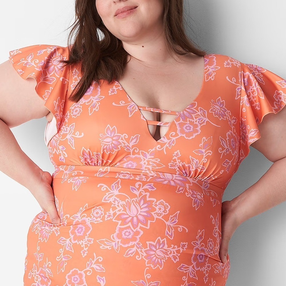 Cacique No-Wire Flutter-Sleeve Swim Tankini Top in Nectarine Floral Size 22